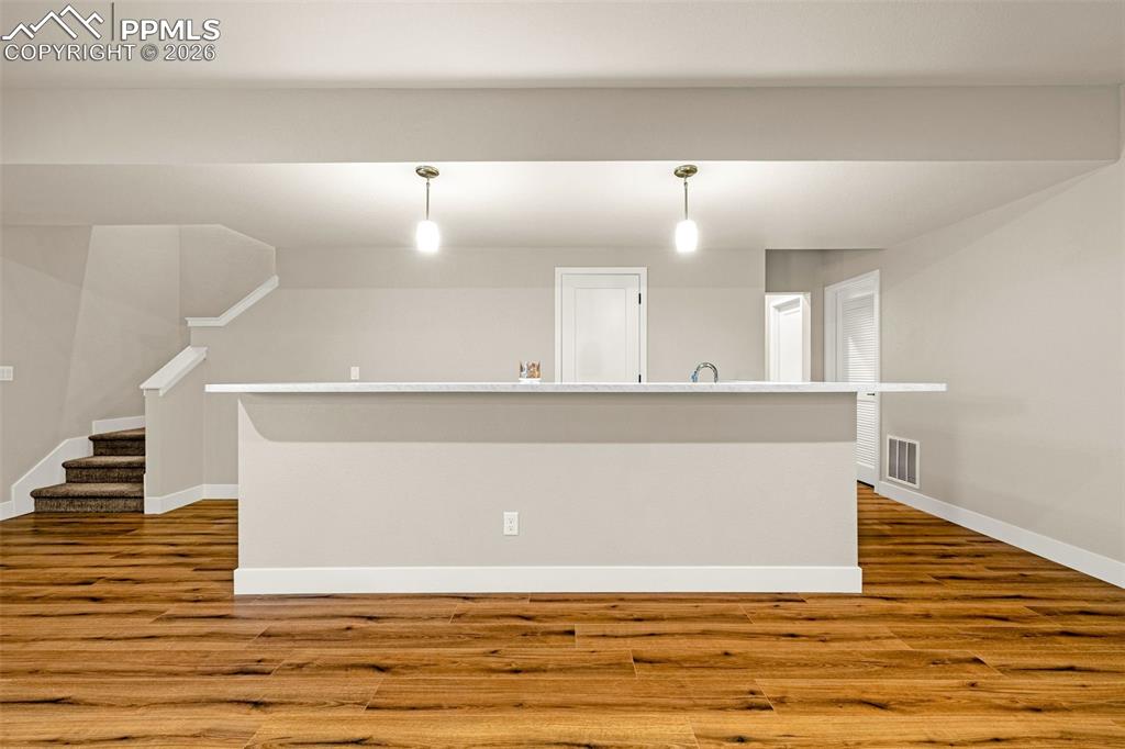 wet bar in basement with storage closet behind