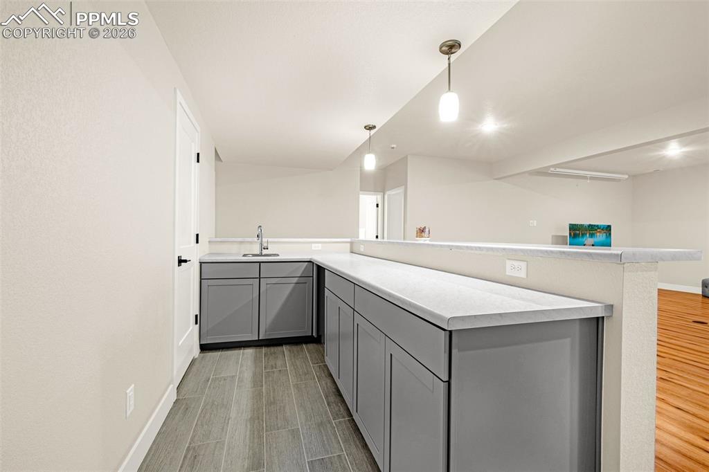 wet bar in basement with storage closet behind