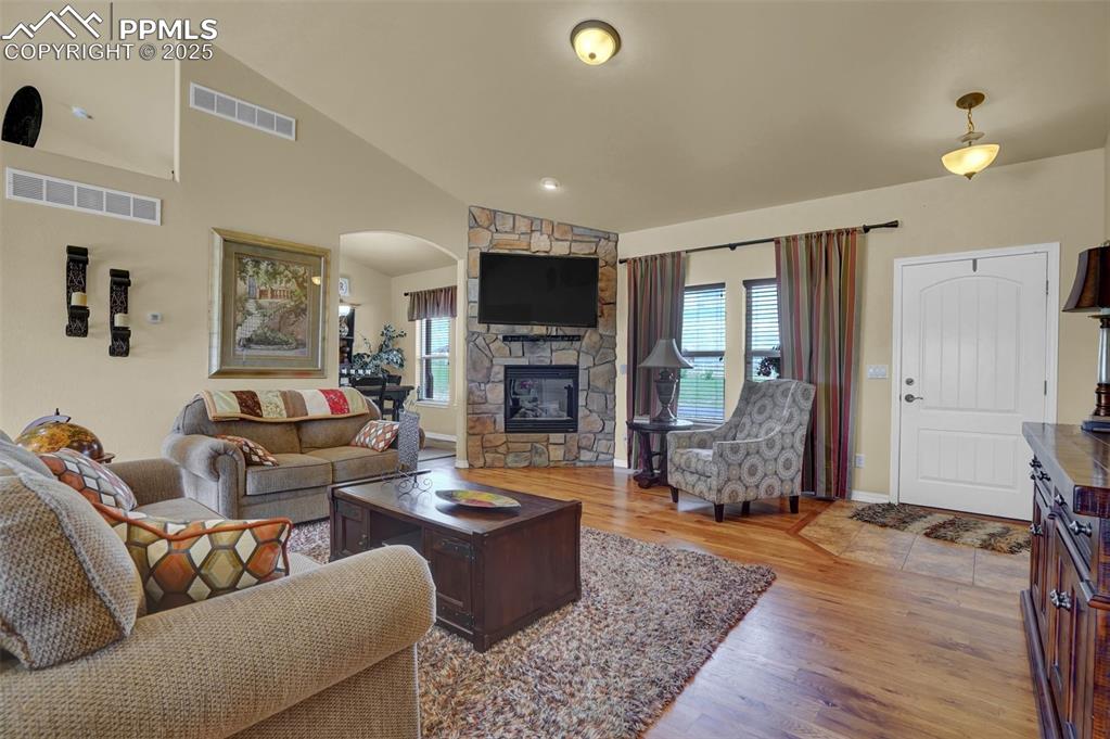 Living room featuring plenty of natural light, a fireplace, and visible vents