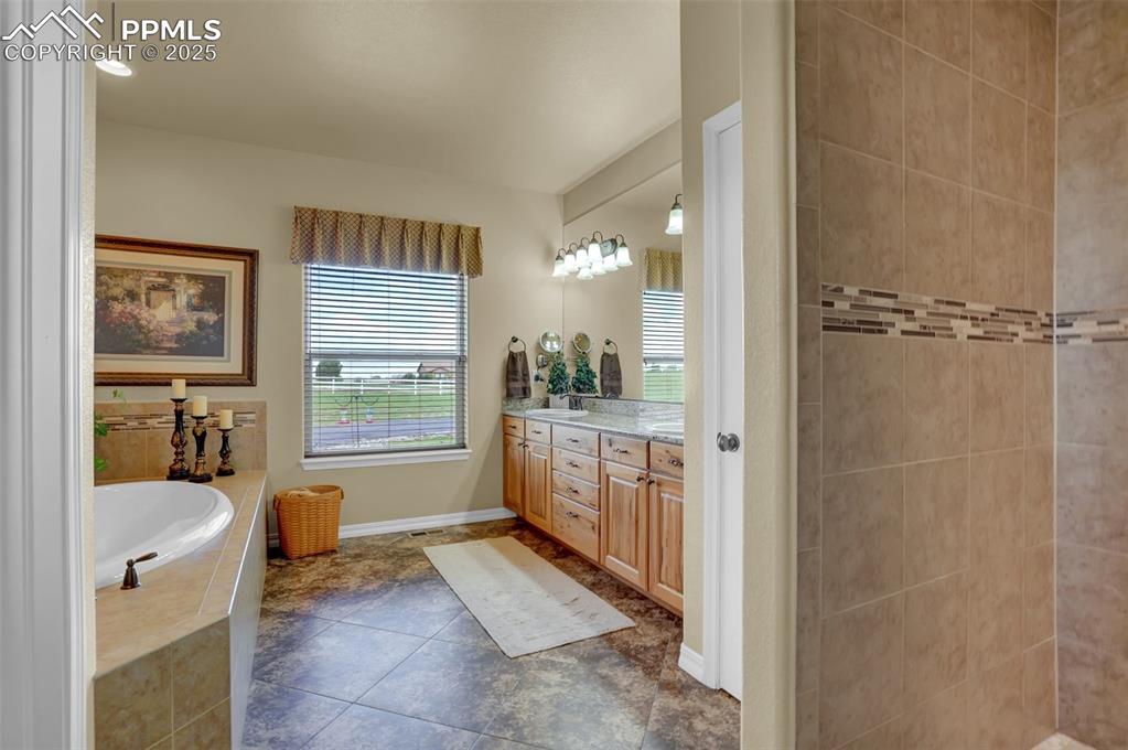 Bathroom featuring double vanity, a sink, a bath, walk in shower