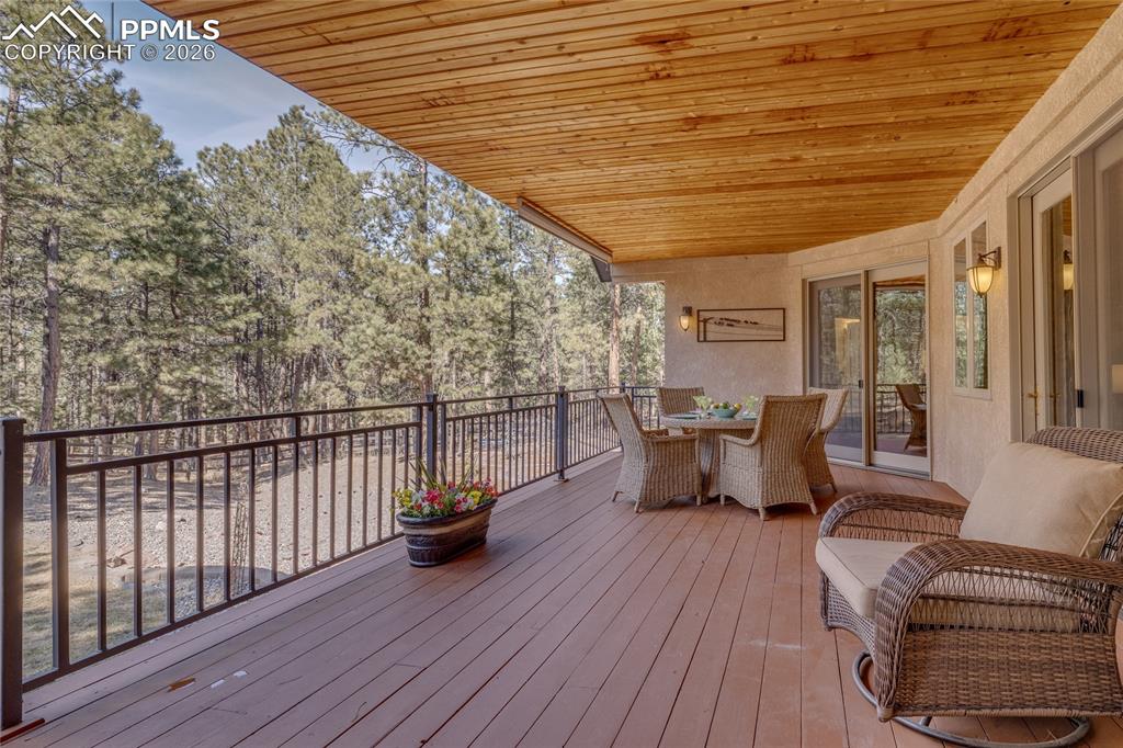 Tongue-and-groove wood ceilings over 30x12 deck.