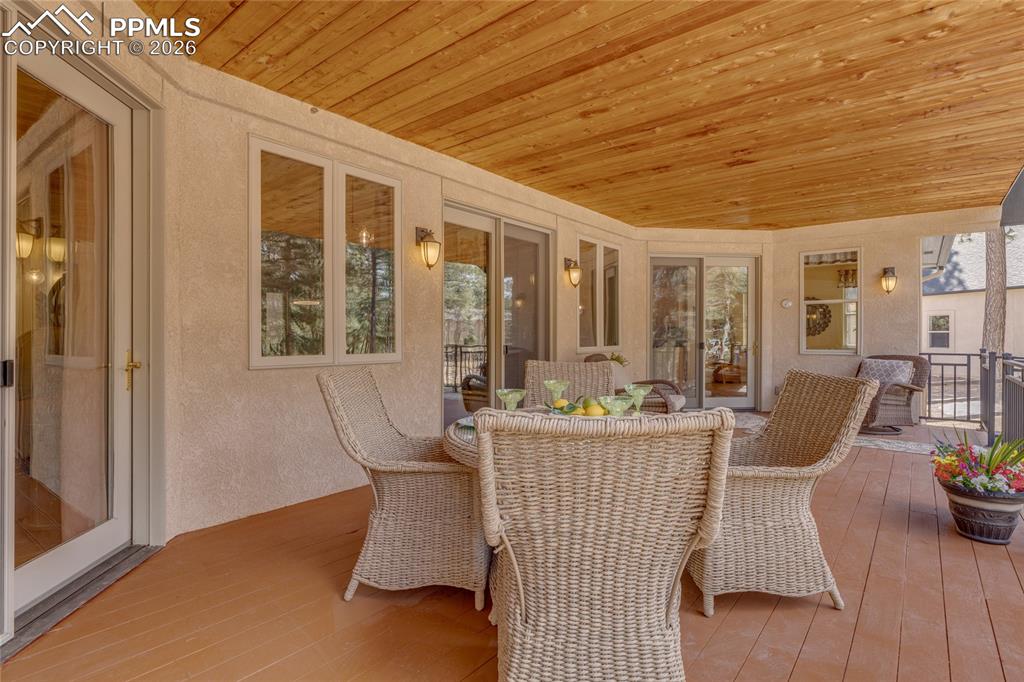 Entertain on the large wood deck. Easy access from kitchen, living room and primary bedroom.