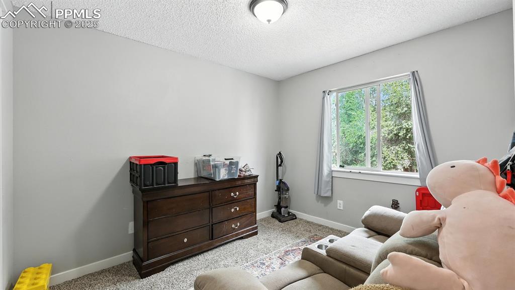Bedroom #1 with neutral carpet and view window.