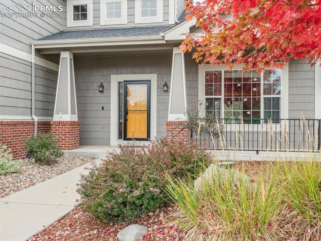Property entrance with a porch and roof with shingles