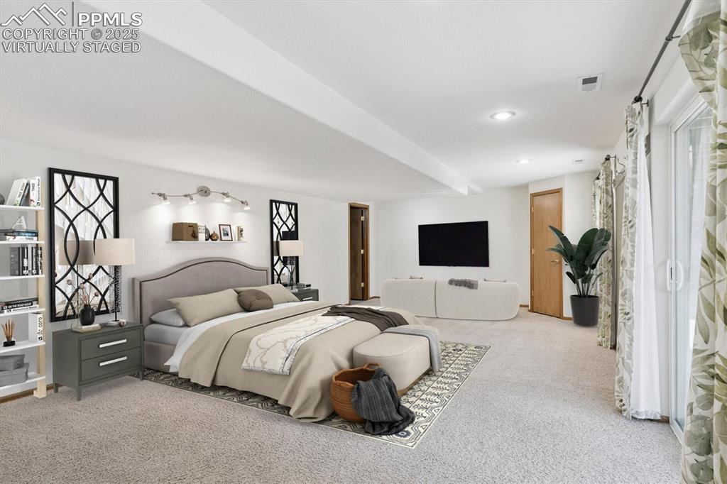 Bedroom featuring        
Virtually staged, Carpet floors and recessed lighting