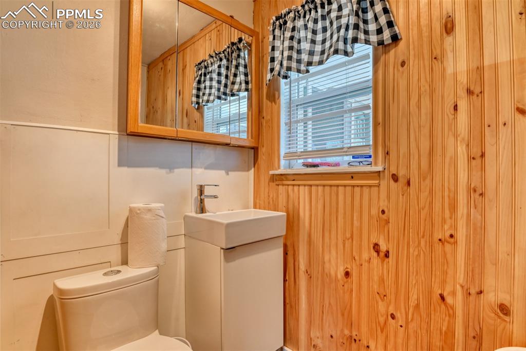 Bathroom with wooden walls, vanity, and toilet