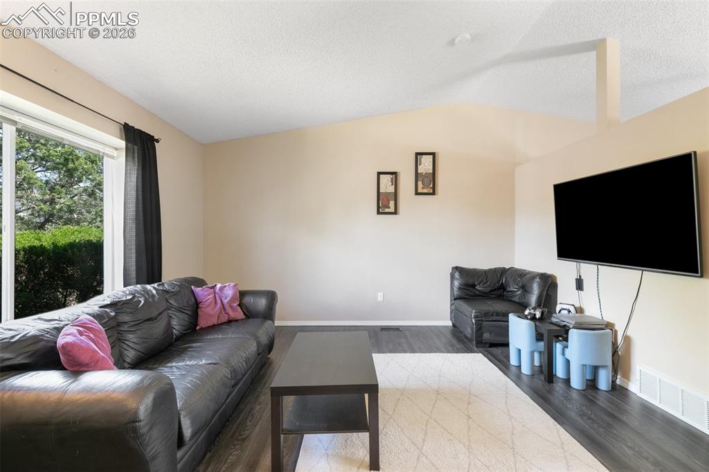 Bright living room with vaulted ceilings