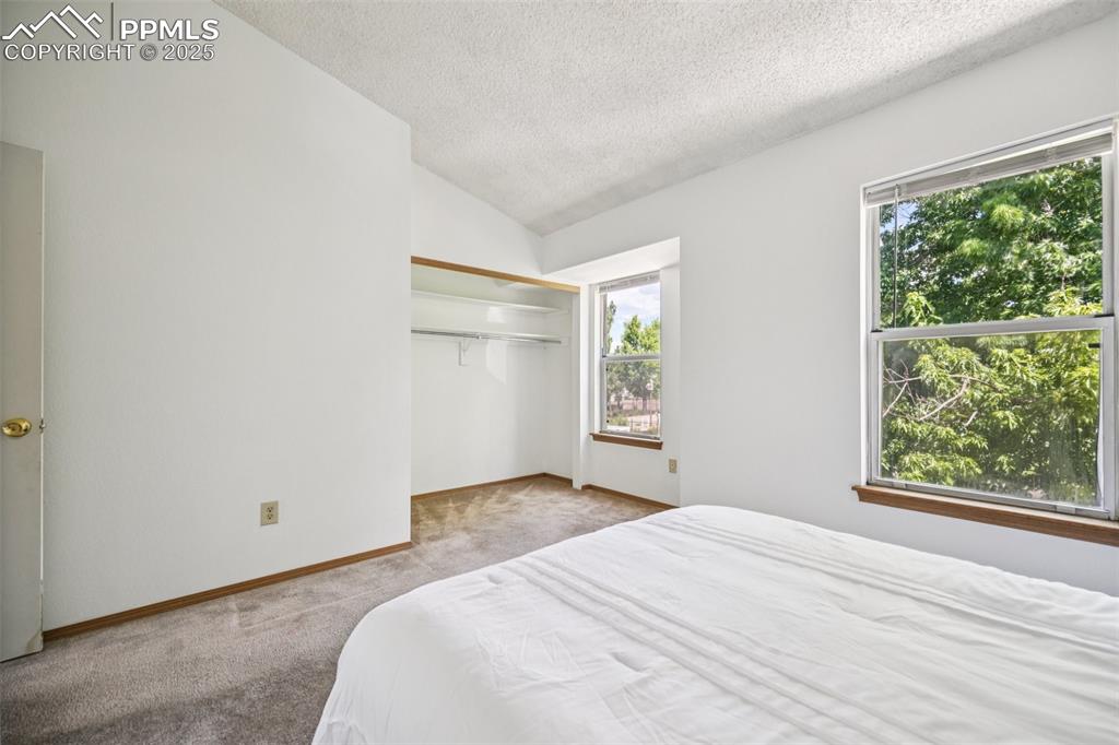 Bedroom featuring vaulted ceiling, carpet flooring, a textured ceiling, and a closet