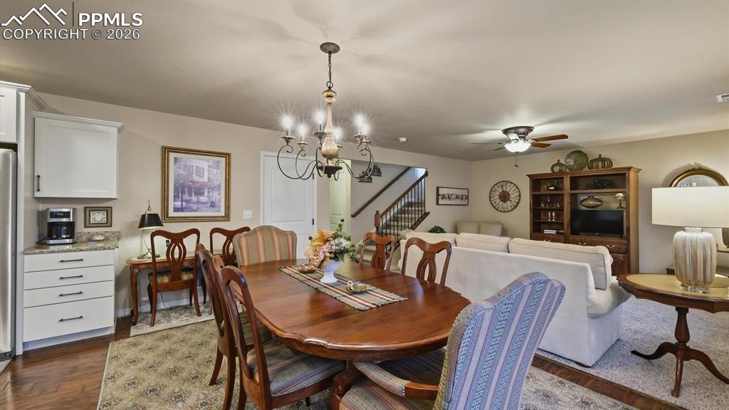 The Dining Area has an attractive new modern light fixture.