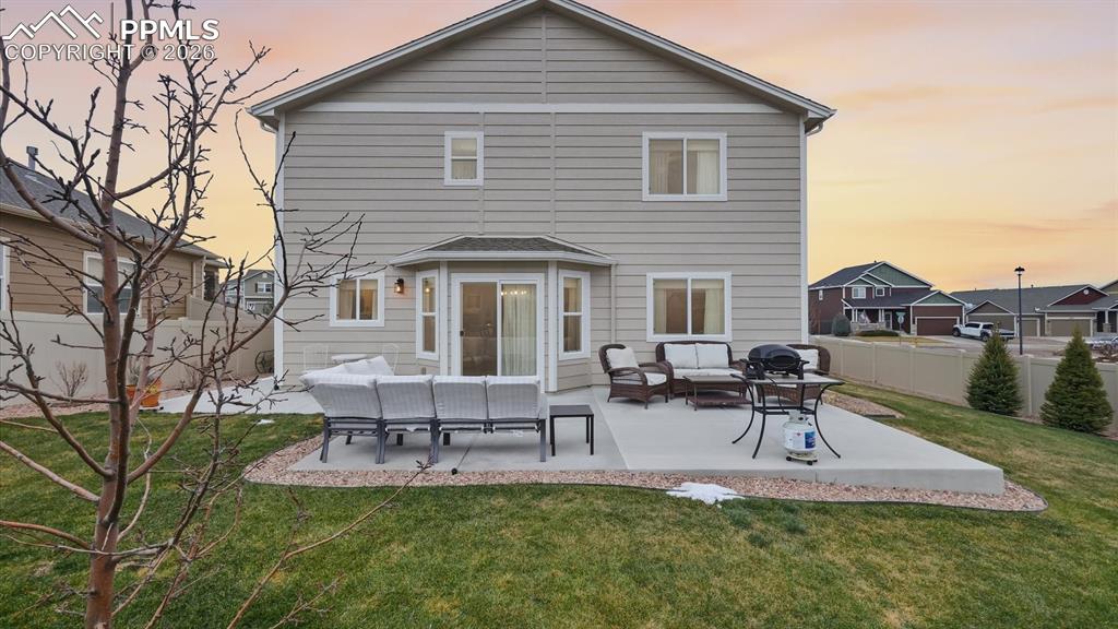 Rear view of home and backyard.