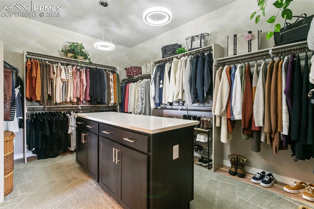 Walk in closet featuring light colored carpet