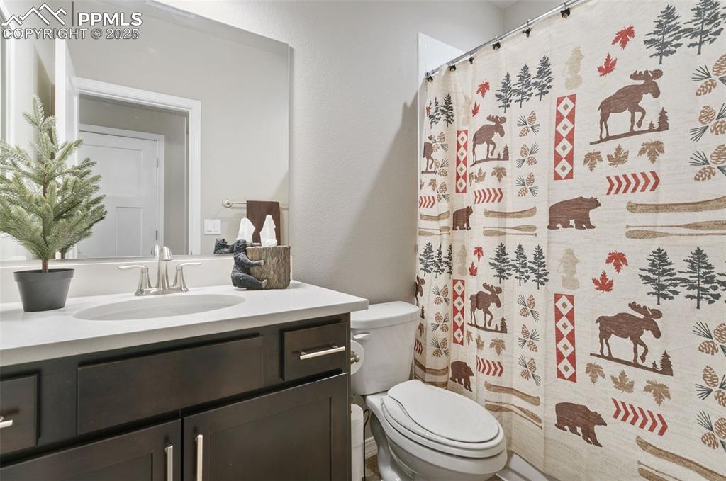 Full bathroom with vanity and a shower with shower curtain