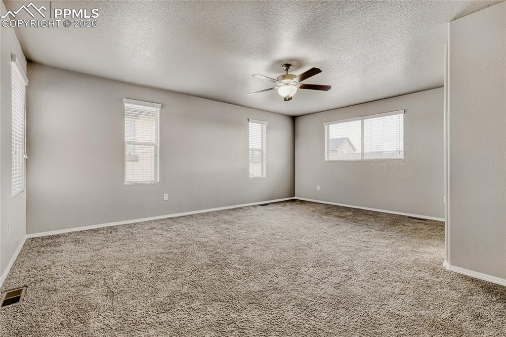 Master bedroom with windows, carpet, ceiling fan, and ensuite bathroom