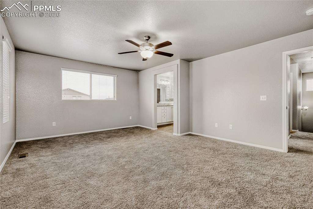 Master bedroom with windows, carpet, ceiling fan, and ensuite bathroom