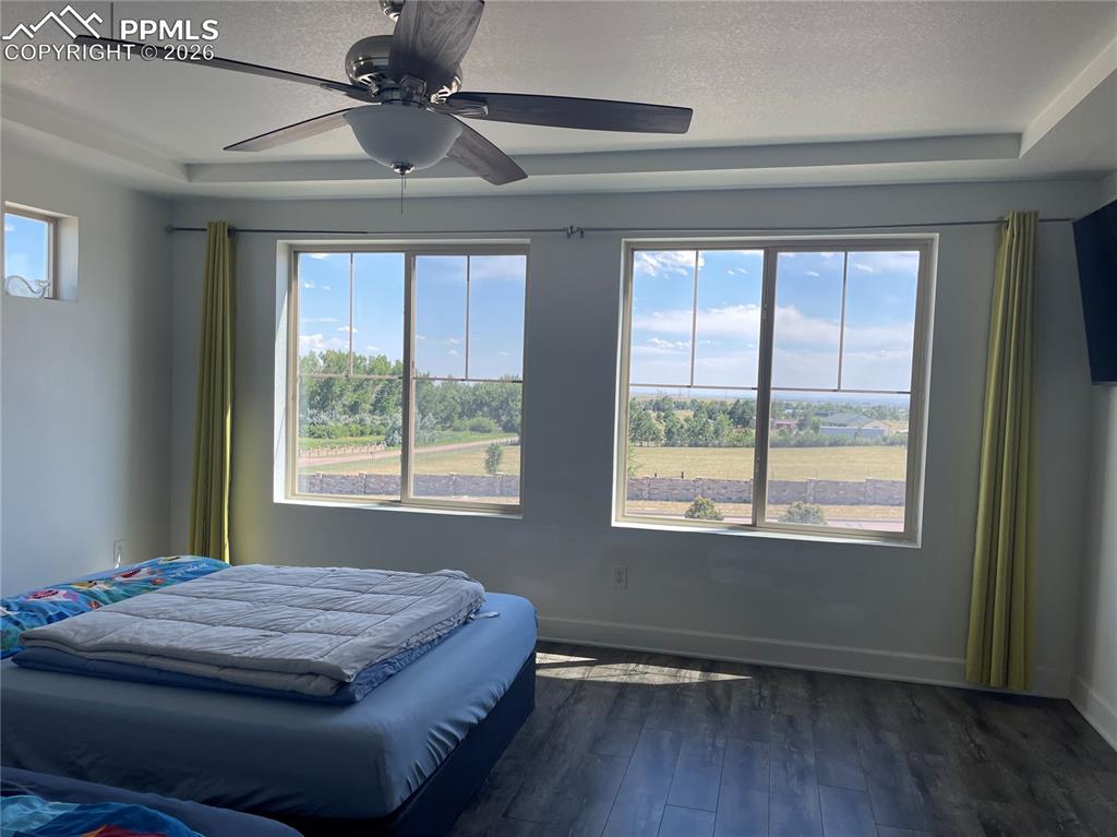 Bedroom featuring dark wood-style flooring, a textured ceiling, a ceiling fan, and a tray ceiling