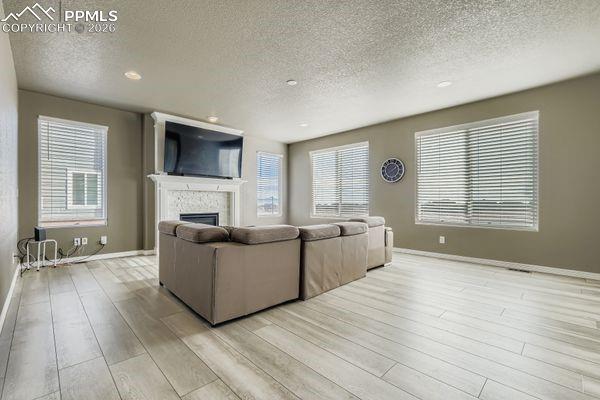 Living room featuring a fireplace, light wood-type flooring, a textured ceiling, healthy amount of natural light, and recessed lighting