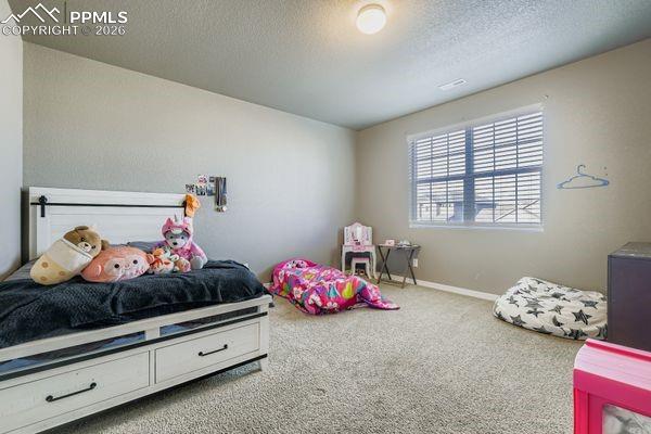 Bedroom with carpet floors and a textured ceiling