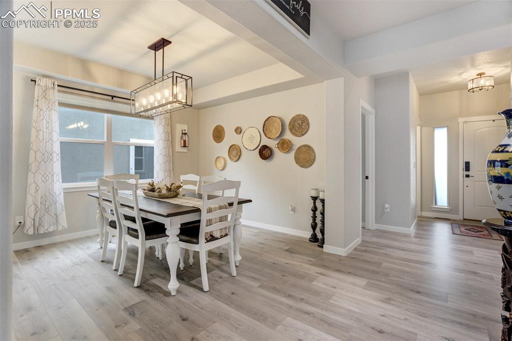 Formal dining room with trey ceiling and beautiful light