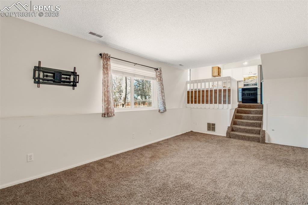 Family room with carpet a garden level windows