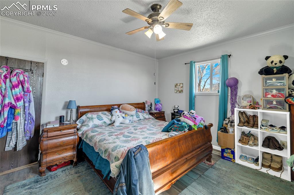Bedroom with a textured ceiling, ceiling fan, and crown molding