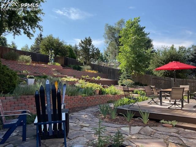 Backyard flagstone, composite deck, terraced yard