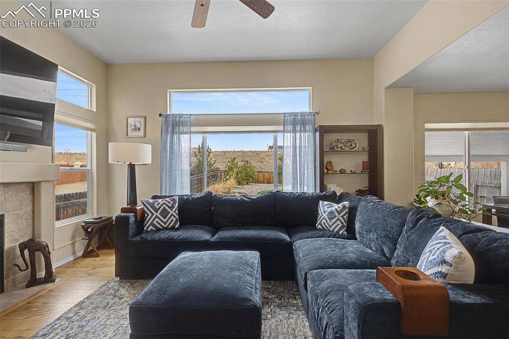 Welcoming main level family room with more built ins and fireplace!