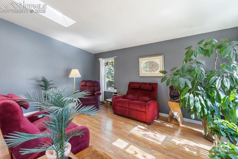 Living room featuring wood finished floors, a skylight, and lofted ceiling