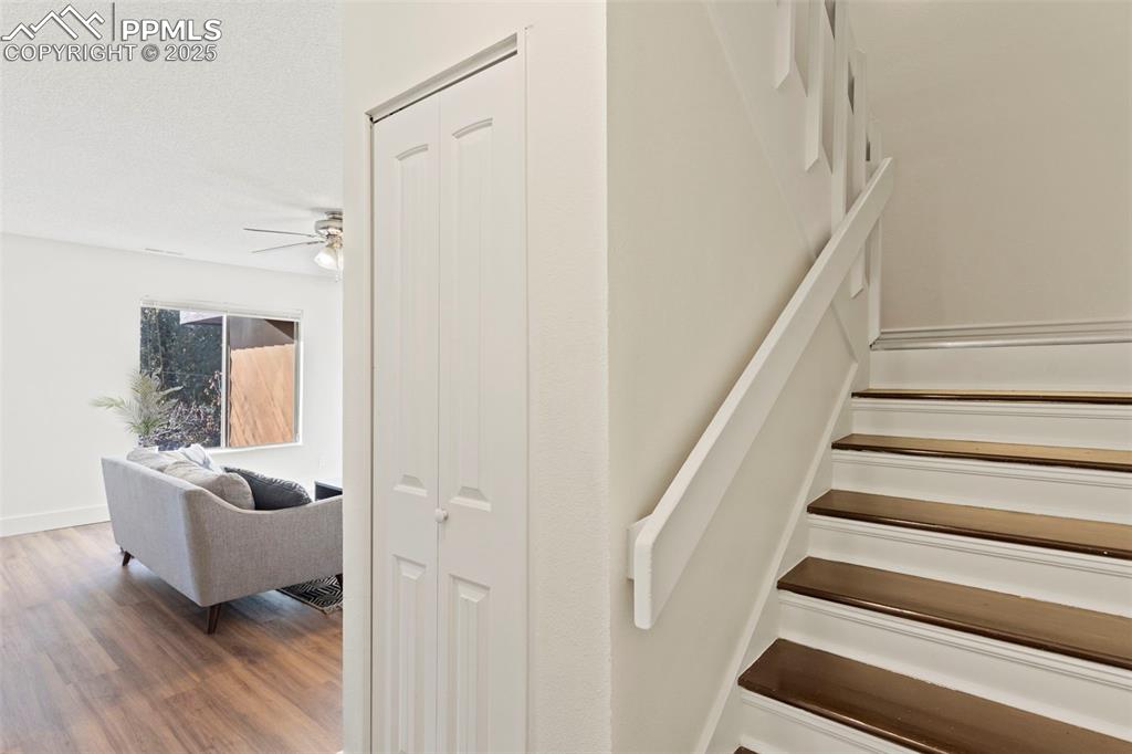 Large closet under stairs for storage. Entry door on main level, as well as upper level entry.