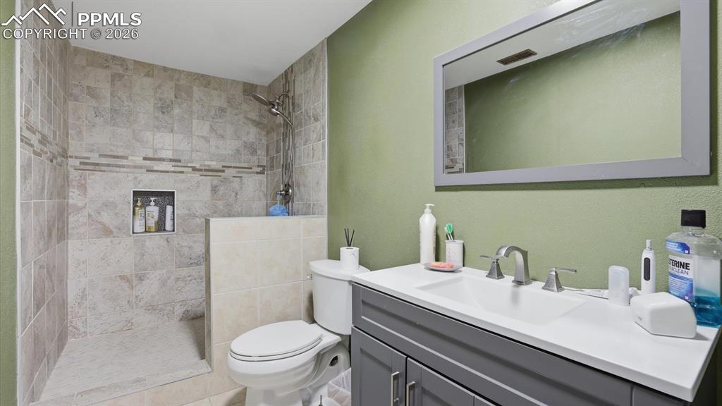 Basement Shower Bathroom with vanity and walk in tiled shower.