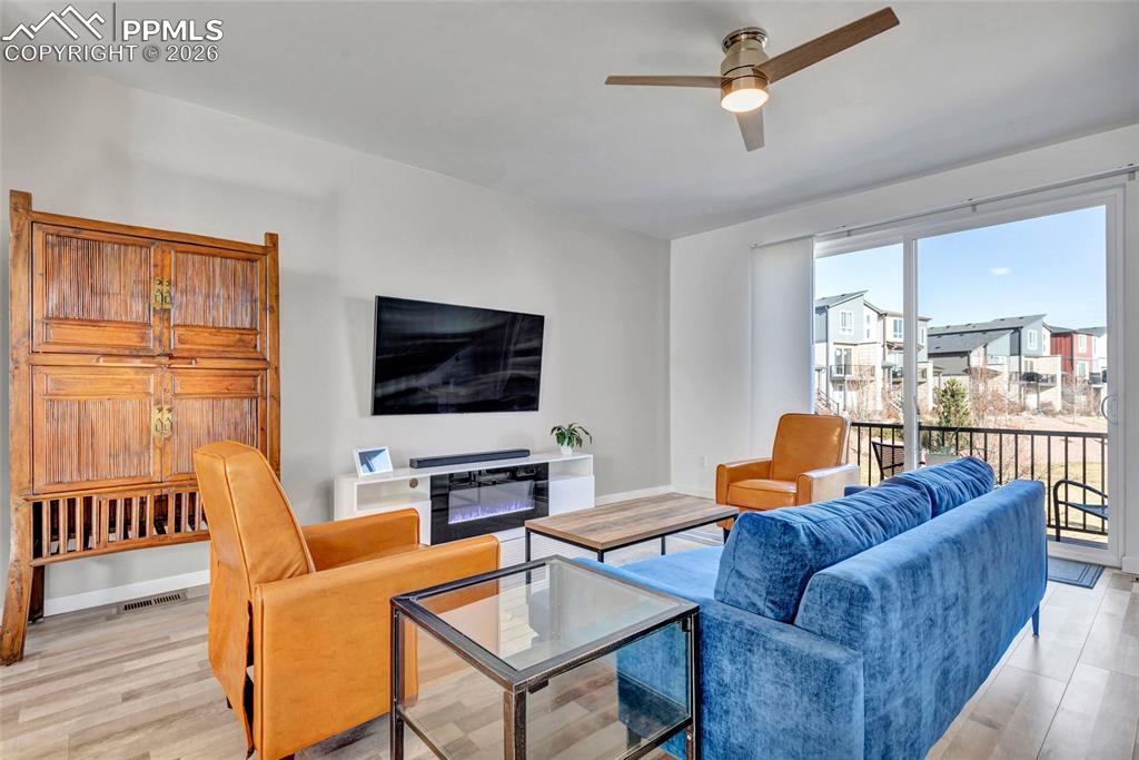 Living room - walkout to deck, recessed lighting, custom wiring for electronics, smart thermostat, custom window treatments