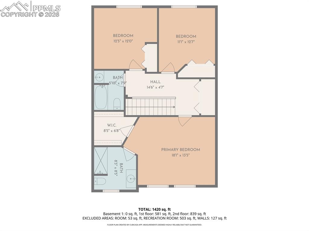 upper level; two bedrooms, full bath, laundry space, primary bedroom with large walk-in closet and ensuite.