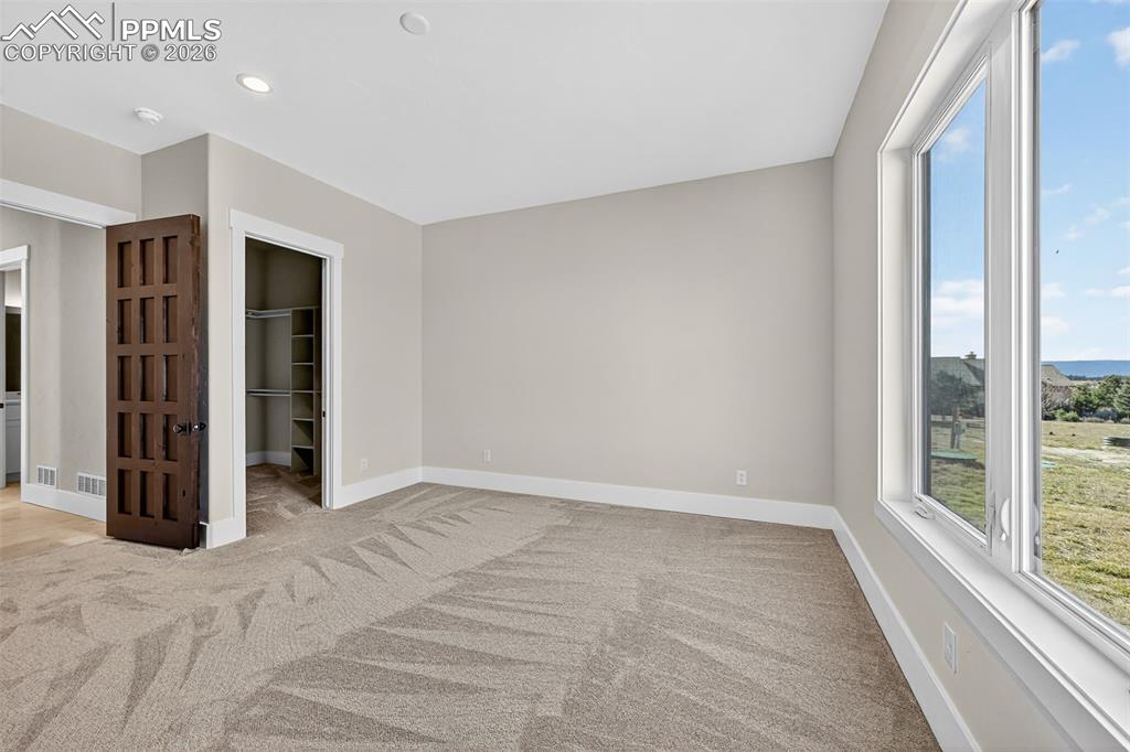 Unfurnished bedroom featuring a spacious closet and light colored carpet