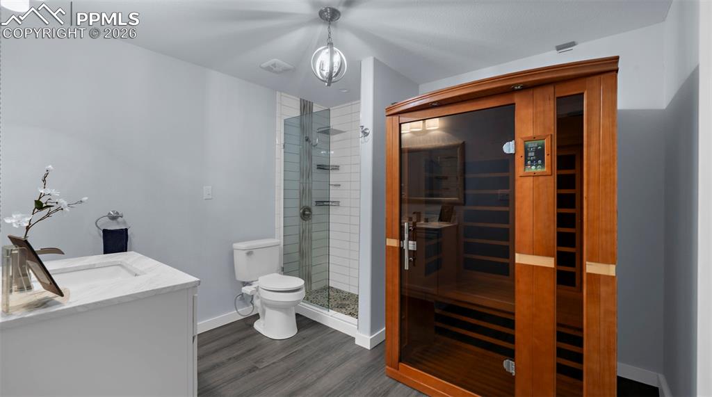 Bathroom with a sauna / steam room, vanity, a shower stall, and dark wood-style flooring