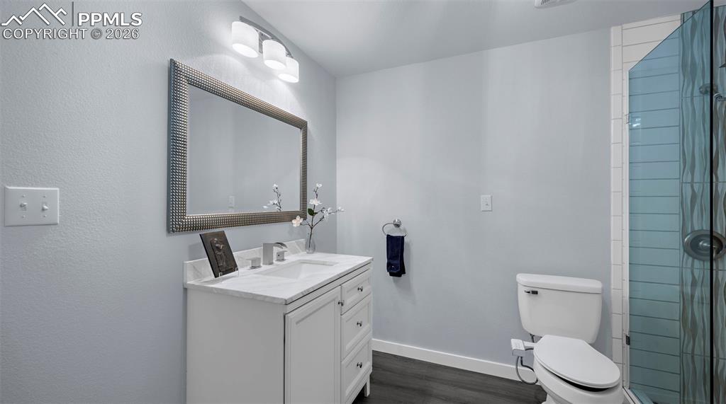 Full bathroom featuring vanity, a shower stall, and dark wood-style floors