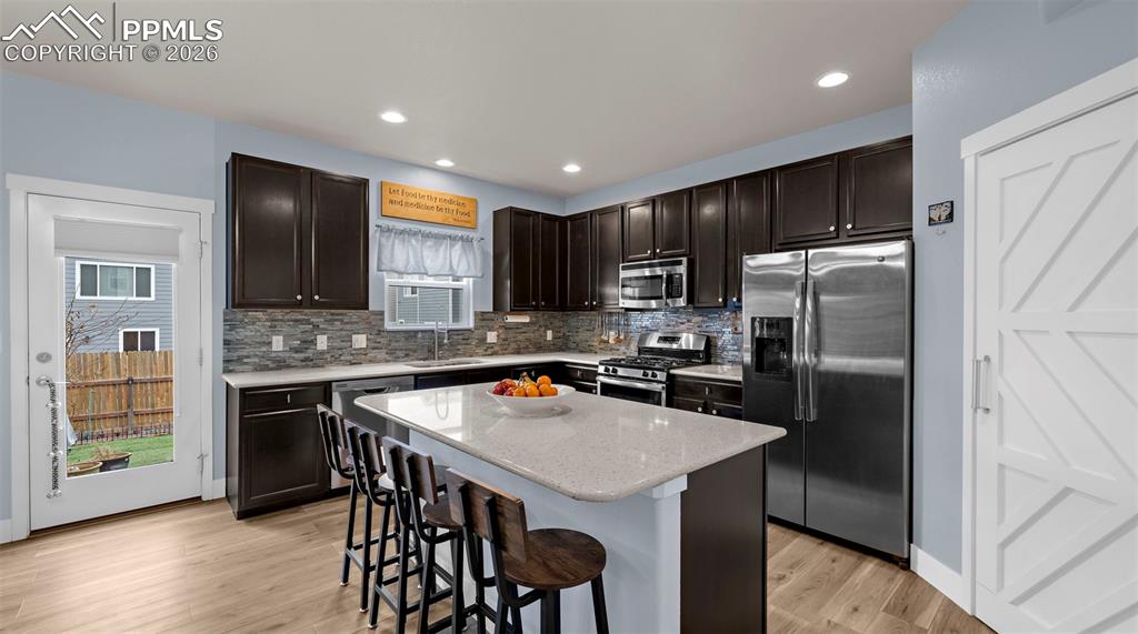 Kitchen featuring dark wood finish cabinetry, stainless steel appliances, a center island, light wood-style floors, and healthy amount of natural light