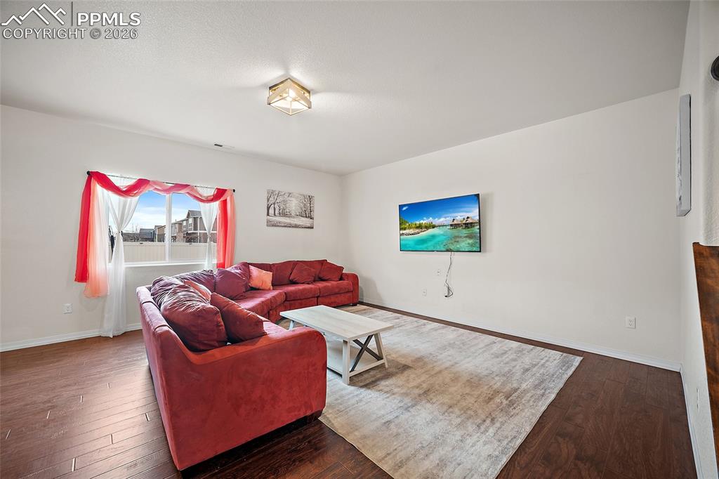 Large living room with walk out to back patio and big windows allowing tons of natural light. 
