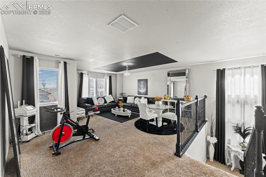 Workout room with a textured ceiling and carpet floors