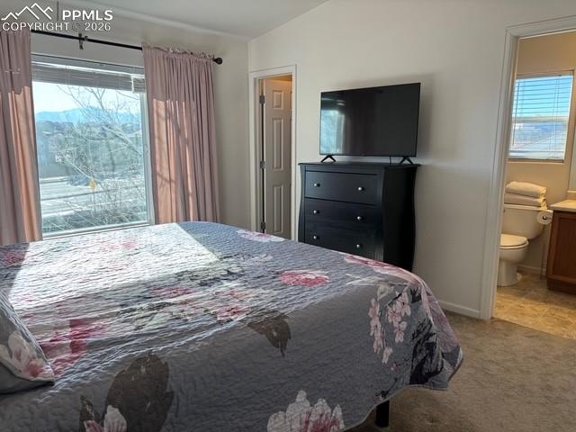 Bedroom featuring light carpet, multiple windows, ensuite bathroom, and vaulted ceiling