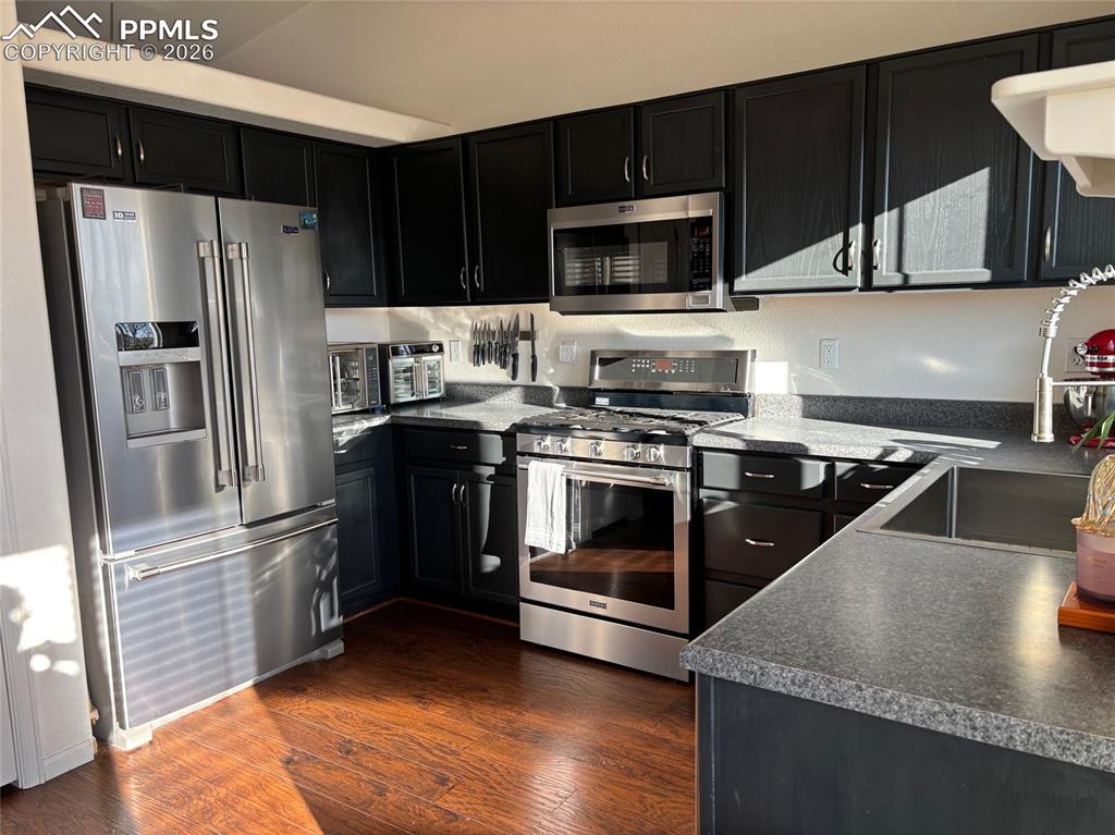 Kitchen with dark cabinets, stainless steel appliances, dark wood-style floors, and dark countertops