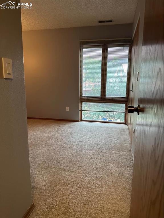 Spare room featuring a textured ceiling and carpet floors