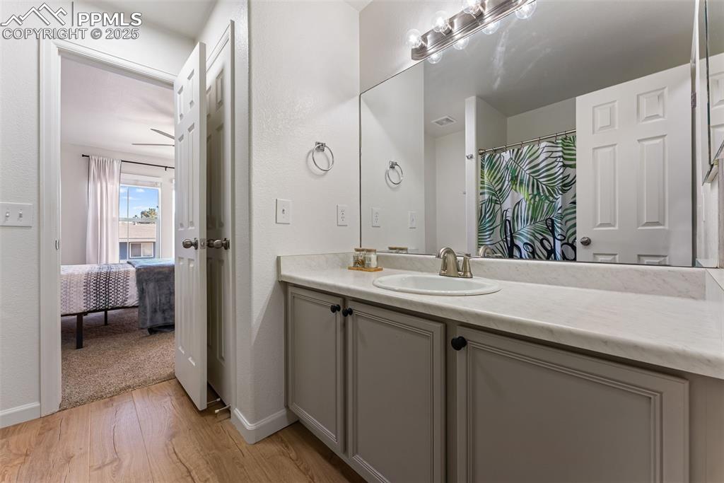 Bathroom with light wood finished floors, vanity, a textured wall, and connected bathroom