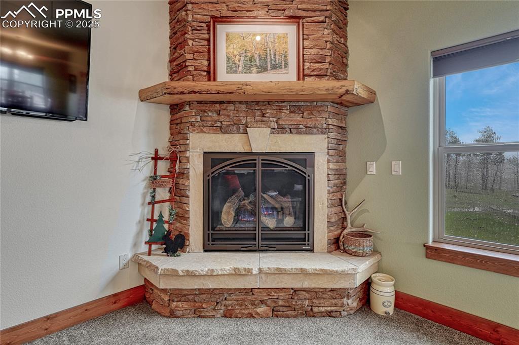 Detailed view of carpet, baseboards, and a fireplace