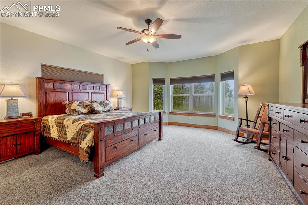 Carpeted bedroom with baseboards and a ceiling fan