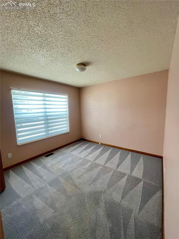 Carpeted empty room featuring a textured ceiling and baseboards