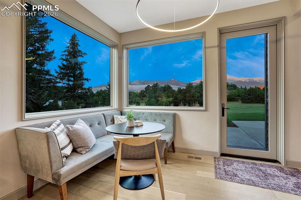 A delightful corner nook to enjoy coffee in the morning. 