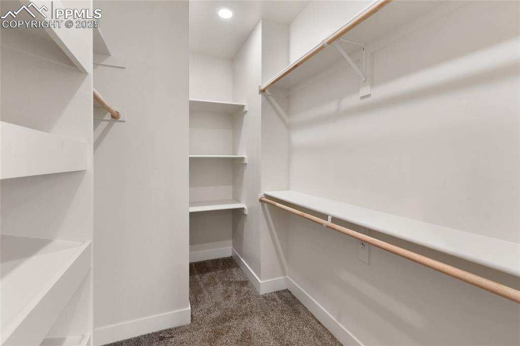 Spacious closet with dark carpet