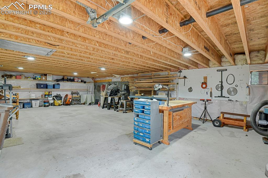 Basement with a workshop area