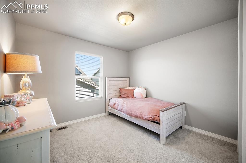 Upstairs bedroom 2 with carpet and spacious closet. 