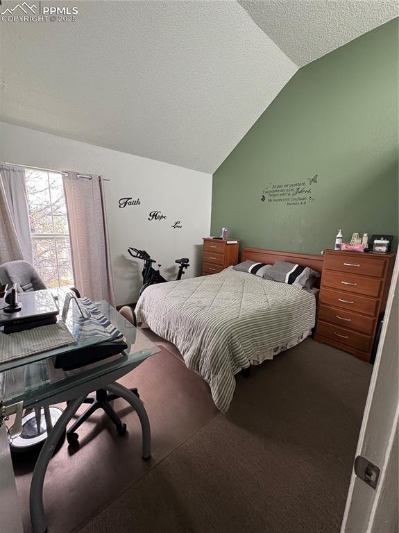 Bedroom featuring vaulted ceiling, carpet, and a textured ceiling