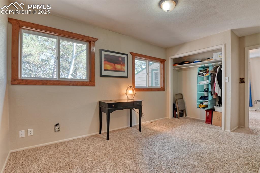 Carpeted bedroom featuring a closet and a textured ceiling